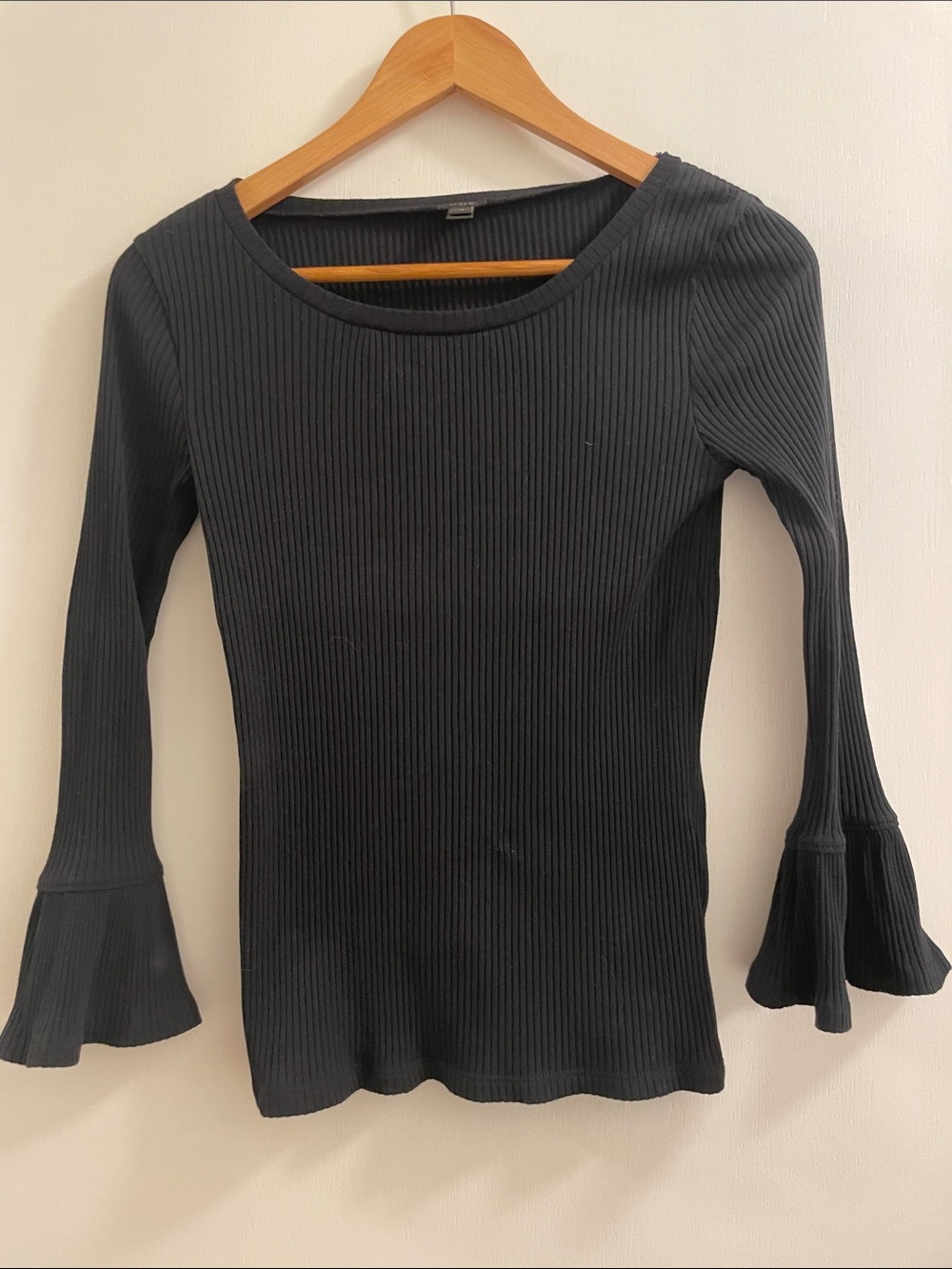 J. Crew Black Ribbed Long-Sleeve Top with Flounce Cuffs